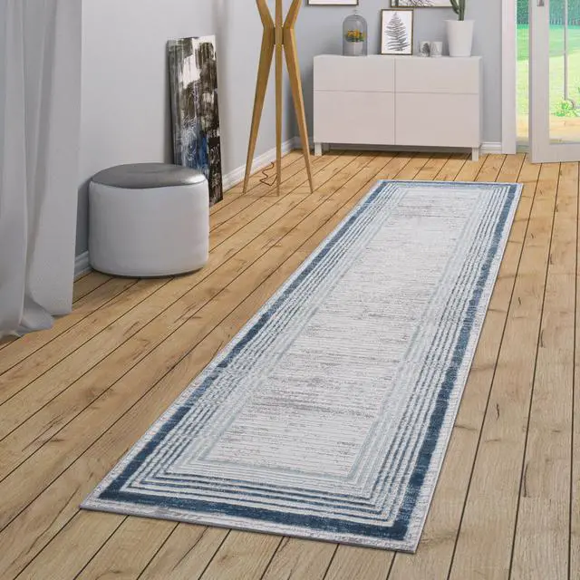 Alt view image 2 of 7 - Collection 96*26 inch Blue / Ivory / Bordered Runner Rug