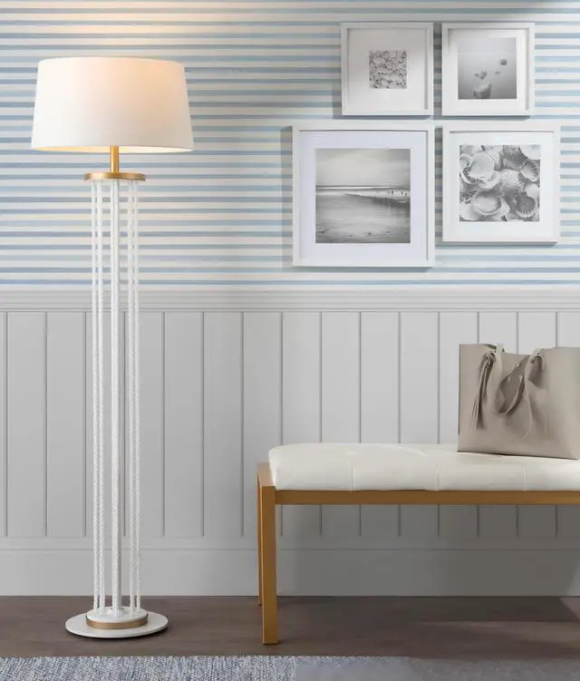 Alt view image 2 of 7 - Rope Contemporary Floor Lamp in Natural Wood, White Metal, and White Rope Accent