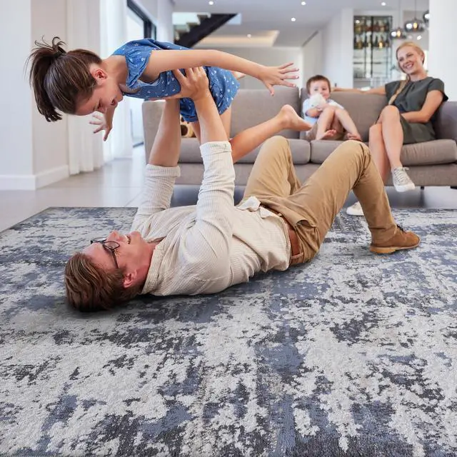 Alt view image 3 of 7 - Collection 36*24 inch Grey / Denim / Abstract Doormat Rug