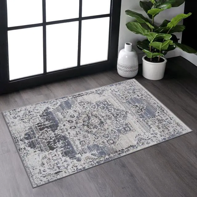Main image of Collection 36*24 inch Cream / Blue / Medallion Doormat Rug