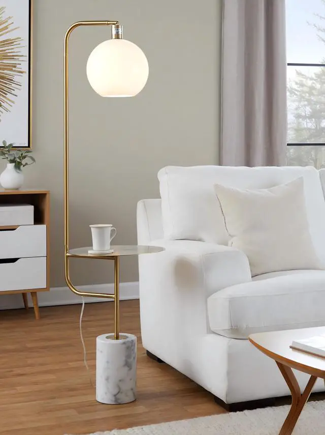 Main image of Symbol Contemporary Floor Lamp with Gold Metal Side Table and White Marble Base