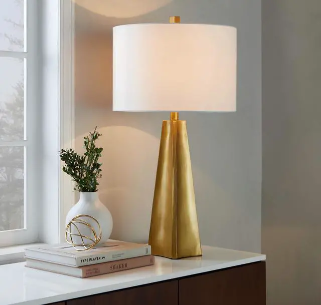 Alt view image 2 of 7 - Pompeii 29" Contemporary Polyresin Table Lamp in Gold Polyresin and White Linen