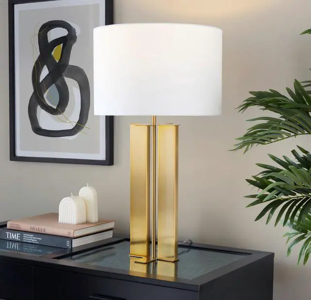 Alt view image 2 of 7 - 28" Metal Table Lamp in Antique Brass and White Linen