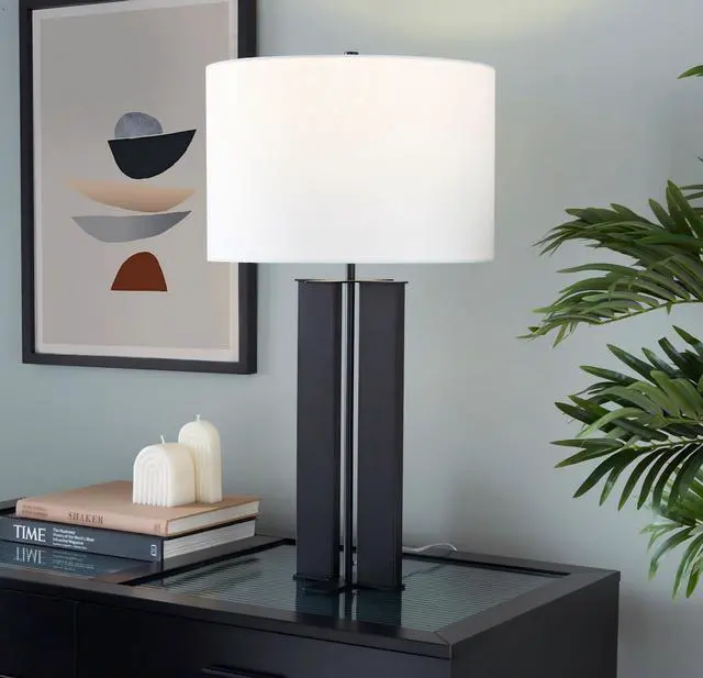 Alt view image 2 of 7 - 28" Contemporary Metal Table Lamp in Black Metal and White Linen