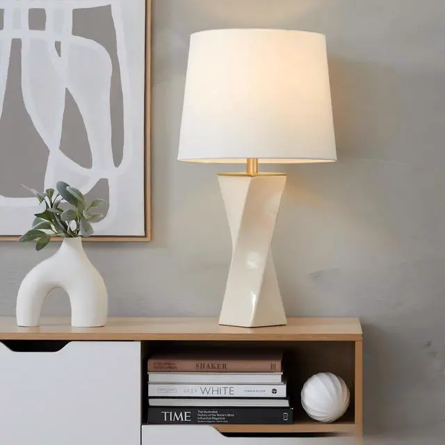 Alt view image 2 of 7 - Square Contemporary 27" Ceramic Table Lamp in Cream Ceramic, Gold Metal, and White Linen