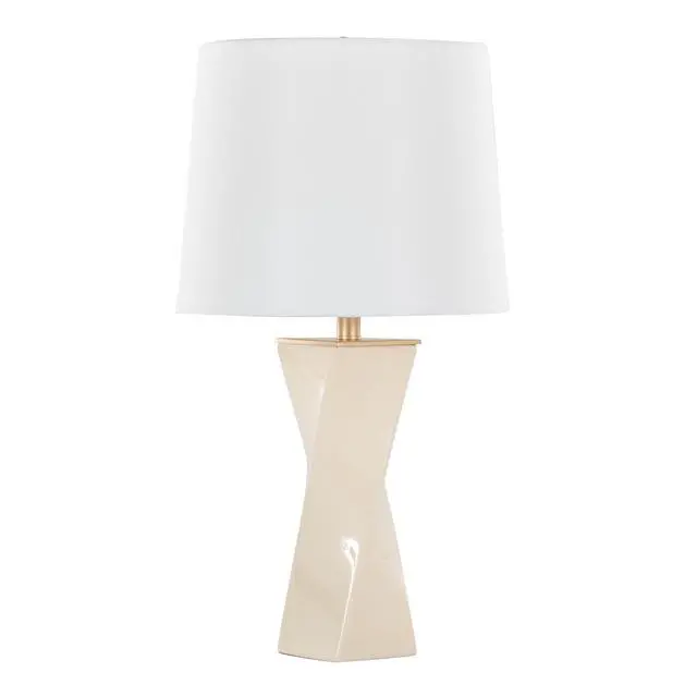 Alt view image 3 of 7 - Square Contemporary 27" Ceramic Table Lamp in Cream Ceramic, Gold Metal, and White Linen