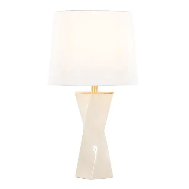 Alt view image 4 of 7 - Square Contemporary 27" Ceramic Table Lamp in Cream Ceramic, Gold Metal, and White Linen