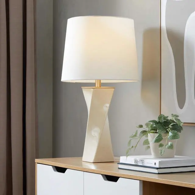 Main image of Square Contemporary 27" Ceramic Table Lamp in Cream Ceramic, Gold Metal, and White Linen