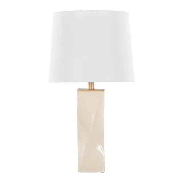 Alt view image 5 of 7 - Square Contemporary 27" Ceramic Table Lamp in Cream Ceramic, Gold Metal, and White Linen