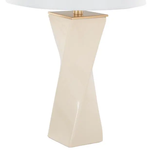 Alt view image 6 of 7 - Square Contemporary 27" Ceramic Table Lamp in Cream Ceramic, Gold Metal, and White Linen