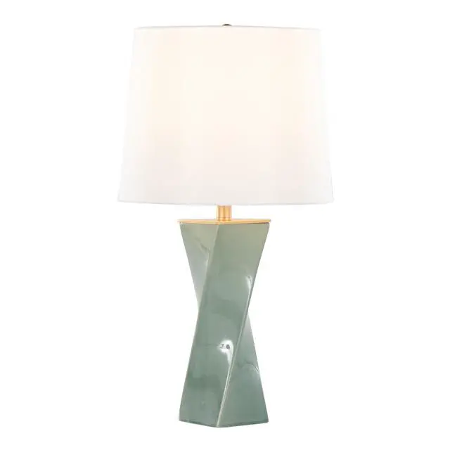 Alt view image 4 of 7 - Square Contemporary 27" Ceramic Table Lamp in Sage Green Ceramic, Gold Metal, and White Linen