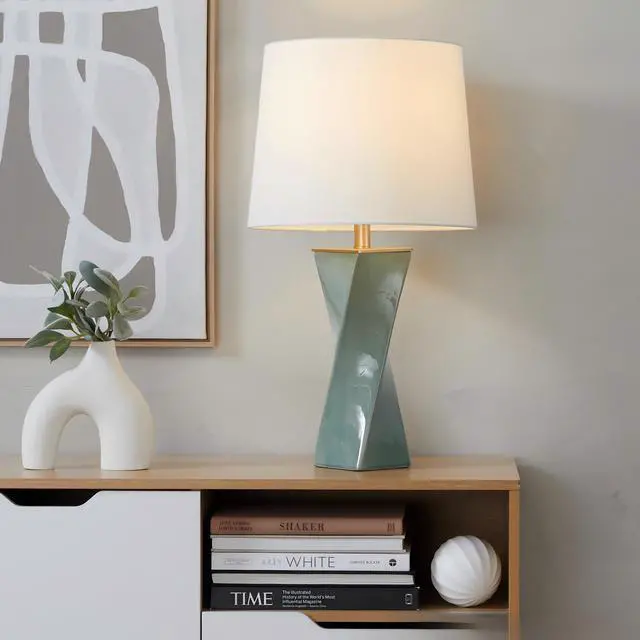 Alt view image 2 of 7 - Square Contemporary 27" Ceramic Table Lamp in Sage Green Ceramic, Gold Metal, and White Linen