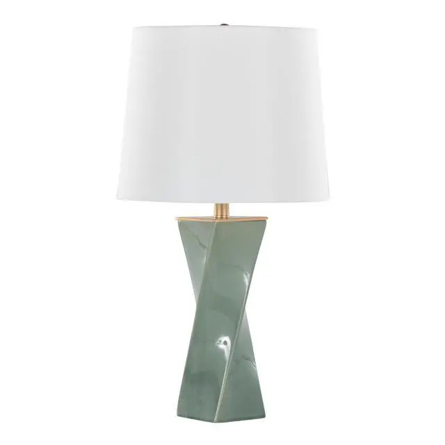 Alt view image 3 of 7 - Square Contemporary 27" Ceramic Table Lamp in Sage Green Ceramic, Gold Metal, and White Linen