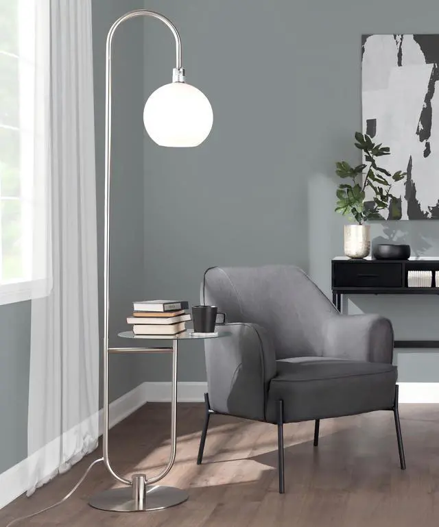 Main image of Trombone Contemporary Floor Lamp in Nickel Metal with Clear Glass Shelf