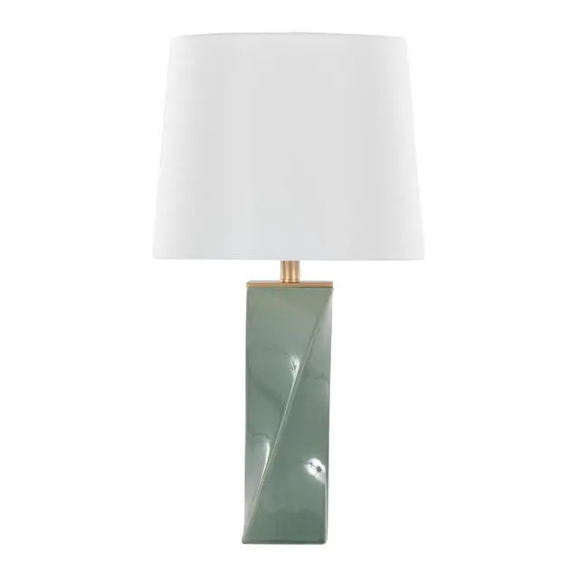 Alt view image 5 of 7 - Square Contemporary 27" Ceramic Table Lamp in Sage Green Ceramic, Gold Metal, and White Linen