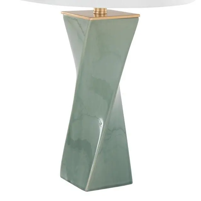 Alt view image 6 of 7 - Square Contemporary 27" Ceramic Table Lamp in Sage Green Ceramic, Gold Metal, and White Linen
