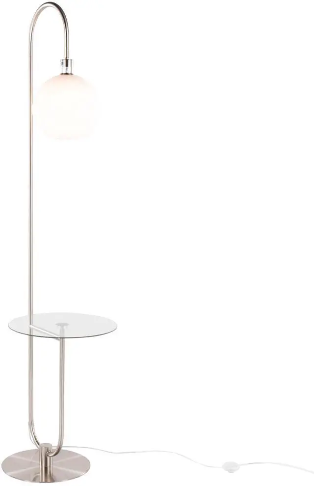 Alt view image 4 of 7 - Trombone Contemporary Floor Lamp in Nickel Metal with Clear Glass Shelf