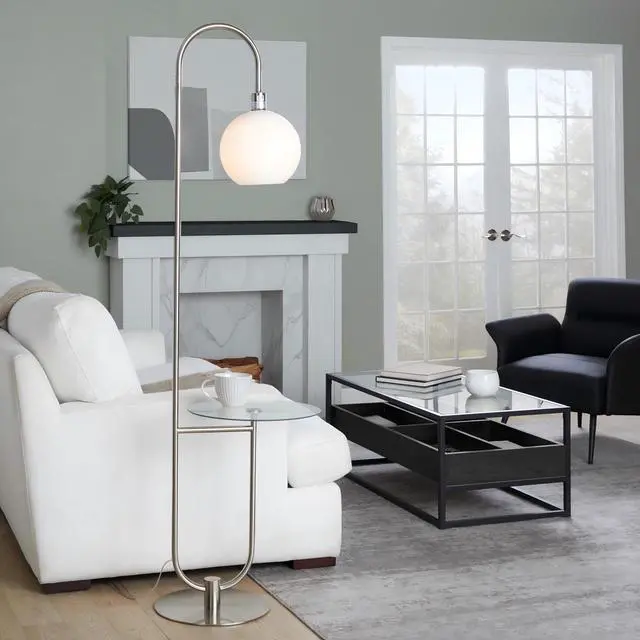 Alt view image 2 of 7 - Trombone Contemporary Floor Lamp in Nickel Metal with Clear Glass Shelf