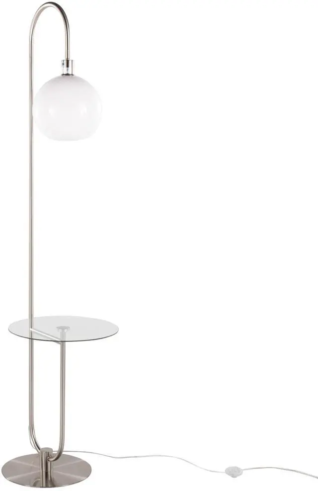 Alt view image 3 of 7 - Trombone Contemporary Floor Lamp in Nickel Metal with Clear Glass Shelf