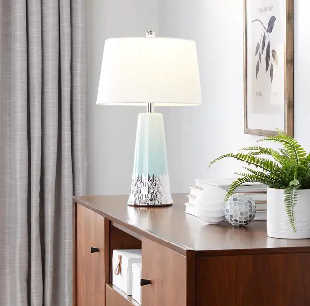 Main image of Penelope 22" Contemporary Ceramic Table Lamp with Tiffany Blue & Silver Ceramic Body and White Shade