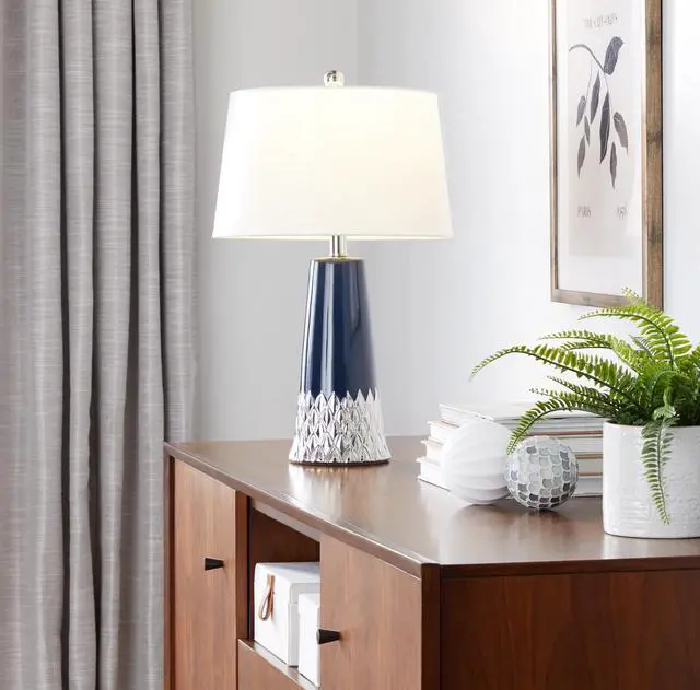 Main image of Penelope 22" Contemporary Ceramic Table Lamp with Dark Blue & Silver Ceramic Body and White Shade