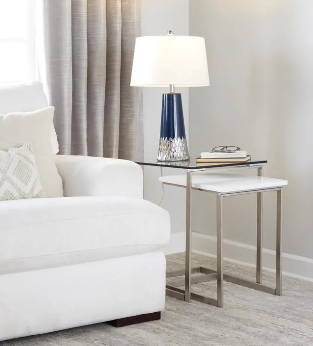 Alt view image 2 of 7 - Penelope 22" Contemporary Ceramic Table Lamp with Dark Blue & Silver Ceramic Body and White Shade