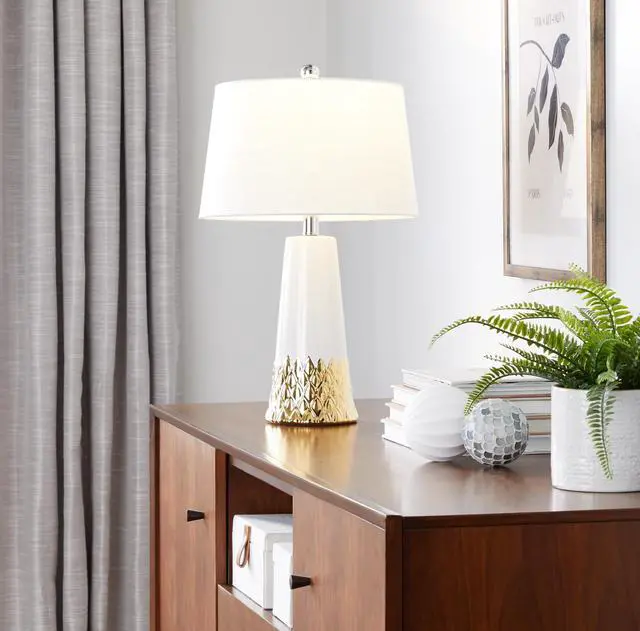 Main image of Penelope 22" Contemporary Ceramic Table Lamp with White & Gold Ceramic Body and White Shade