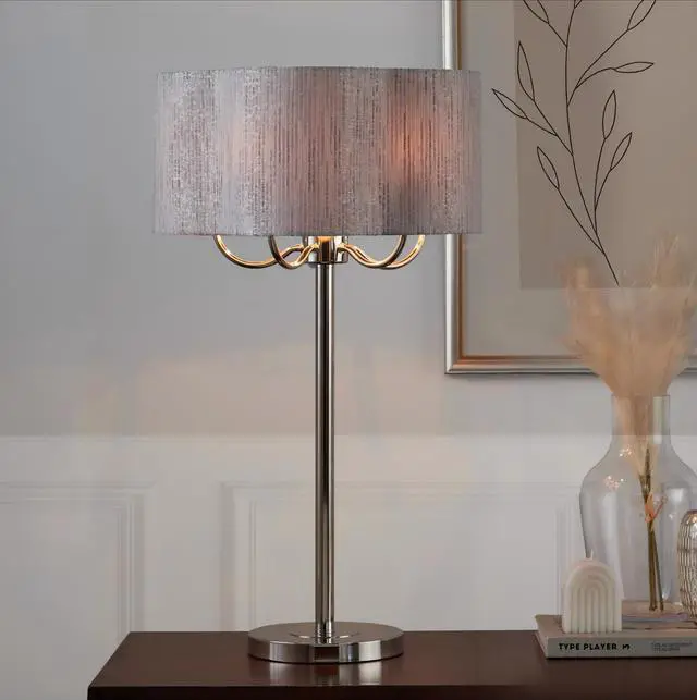 Main image of Lily 30" Contemporary Metal Table Lamp in Polished Nickel with Grey Linen Hardback Shade