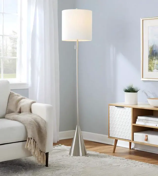 Main image of 64" Contemporary Metal Floor Lamp in Brushed Nickel with White Linen Shade