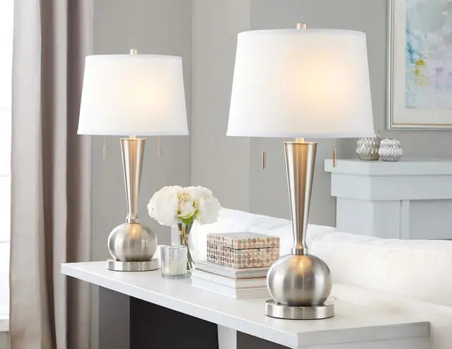 Main image of Jules 30.25" Contemporary Metal Table Lamp in Brushed Nickel with White Linen Shade and Built-in Usb Port From Grandview Gallery - Set Of 2
