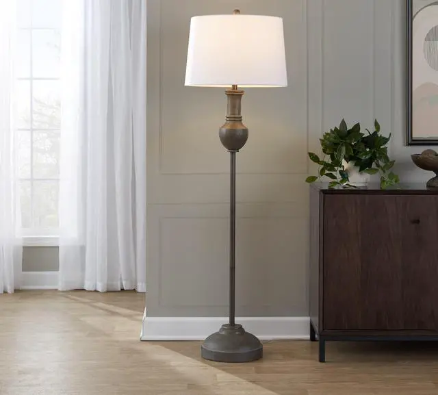 Main image of 61" Contemporary Polyresin Floor Lamp in Acid Grey Wood Finish and White Linen Shade