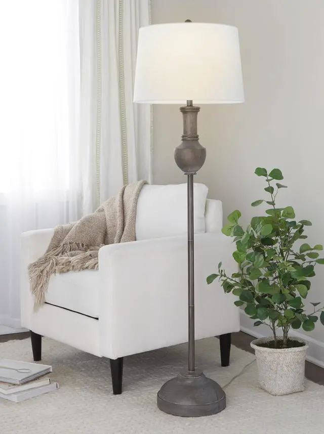 Alt view image 2 of 7 - 61" Contemporary Polyresin Floor Lamp in Acid Grey Wood Finish and White Linen Shade