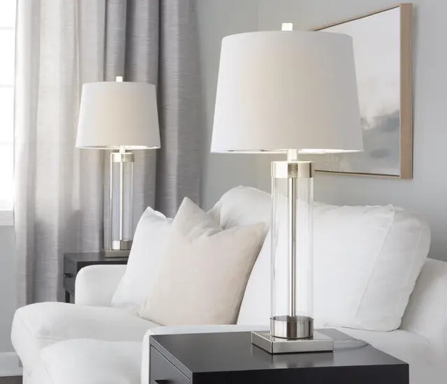 Alt view image 2 of 7 - 30" Contemporary Glass Table Lamp in Clear Glass and Brushed Nickel with White Linen Shade From Grandview Gallery - Set Of 2