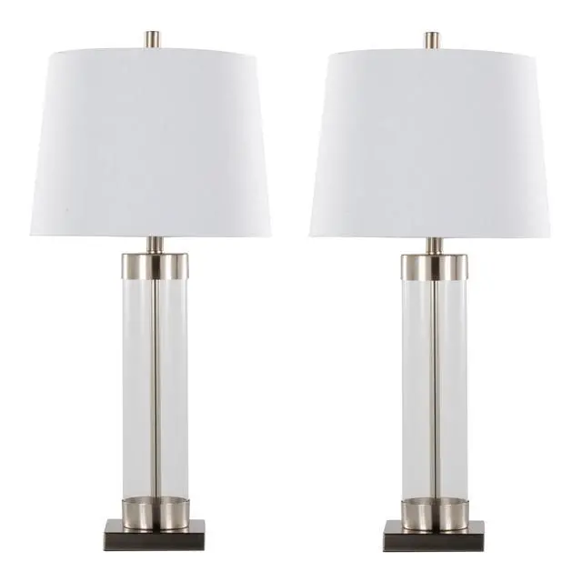 Alt view image 3 of 7 - 30" Contemporary Glass Table Lamp in Clear Glass and Brushed Nickel with White Linen Shade From Grandview Gallery - Set Of 2