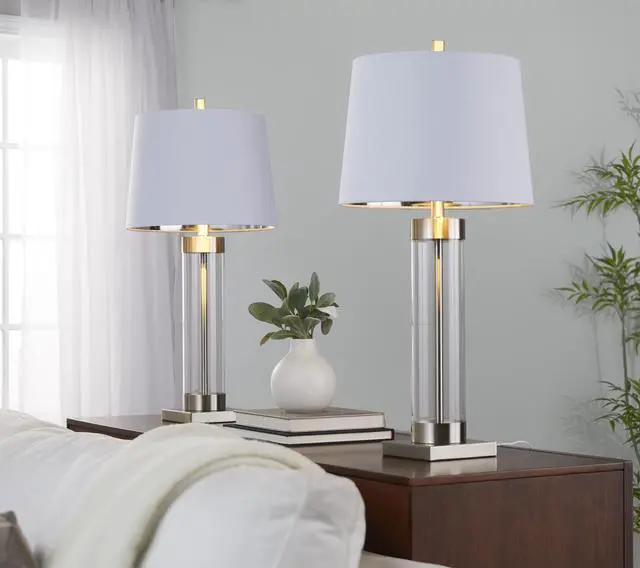 Main image of 30" Contemporary Glass Table Lamp in Clear Glass and Brushed Nickel with White Linen Shade From Grandview Gallery - Set Of 2