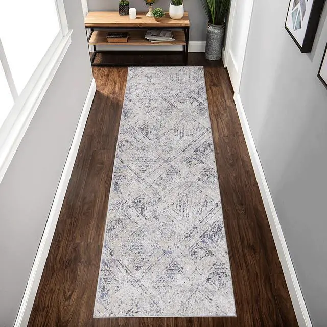 Main image of Collection 96*26 inch Blue / Grey / Geometric Runner Rug