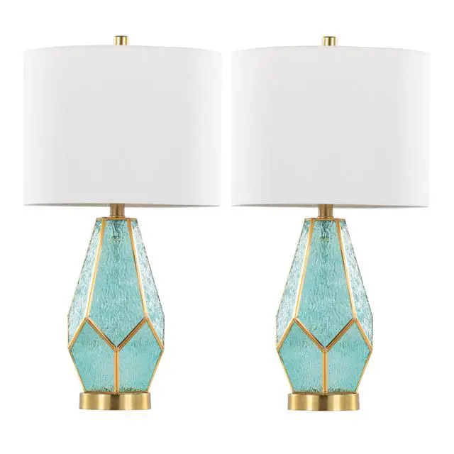 Alt view image 2 of 7 - Table Lamp in Gold Metal with Turquoise Glass and White Linen Shade - Set Of 2
