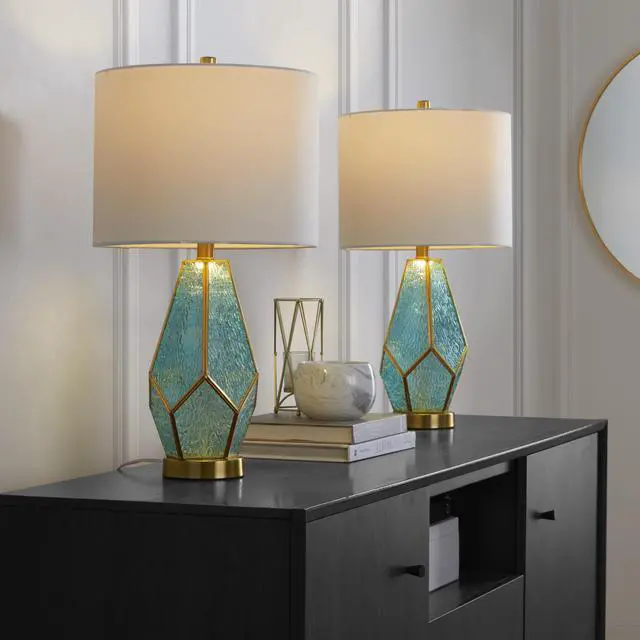 Main image of Table Lamp in Gold Metal with Turquoise Glass and White Linen Shade - Set Of 2