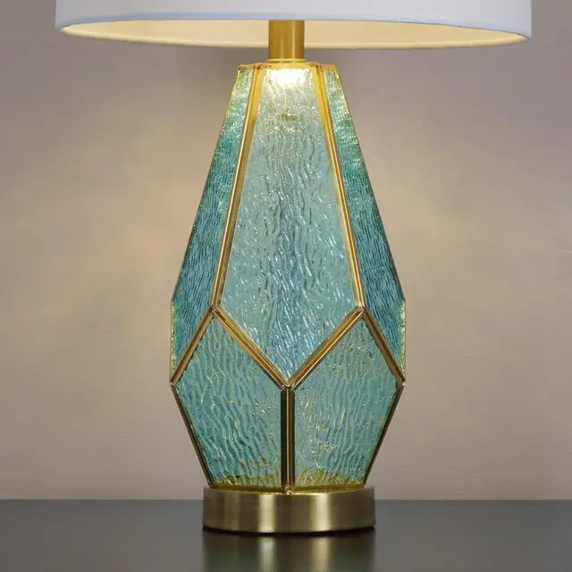 Alt view image 6 of 7 - Table Lamp in Gold Metal with Turquoise Glass and White Linen Shade - Set Of 2