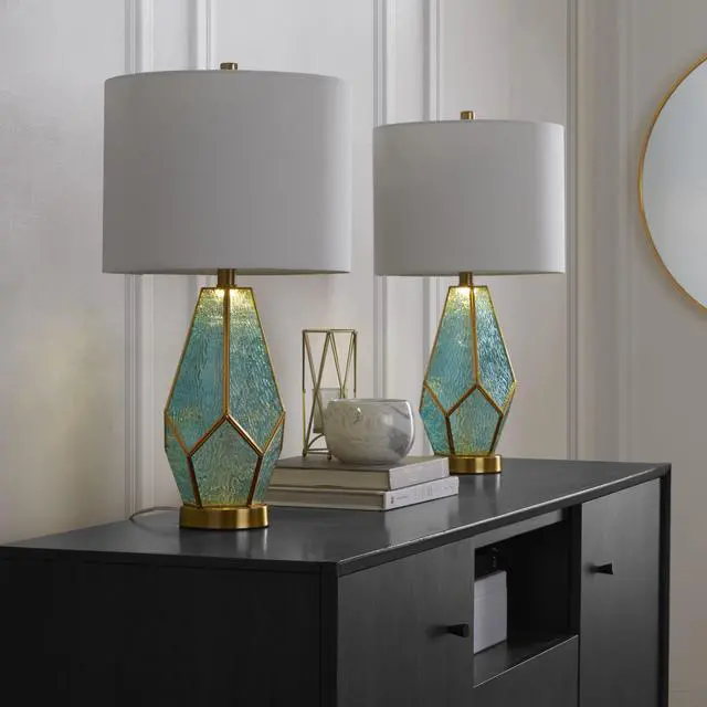 Alt view image 7 of 7 - Table Lamp in Gold Metal with Turquoise Glass and White Linen Shade - Set Of 2