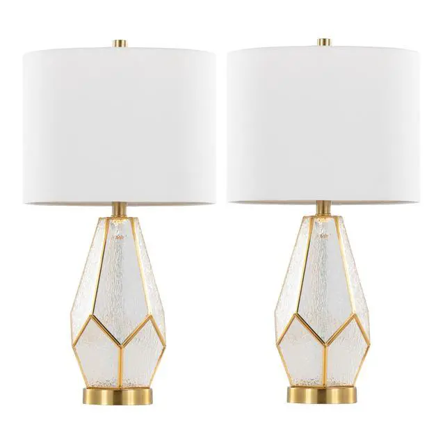 Alt view image 3 of 7 - Glass 25" Table Lamp in Gold Metal and White Glass with White Linen Shade - Set Of 2