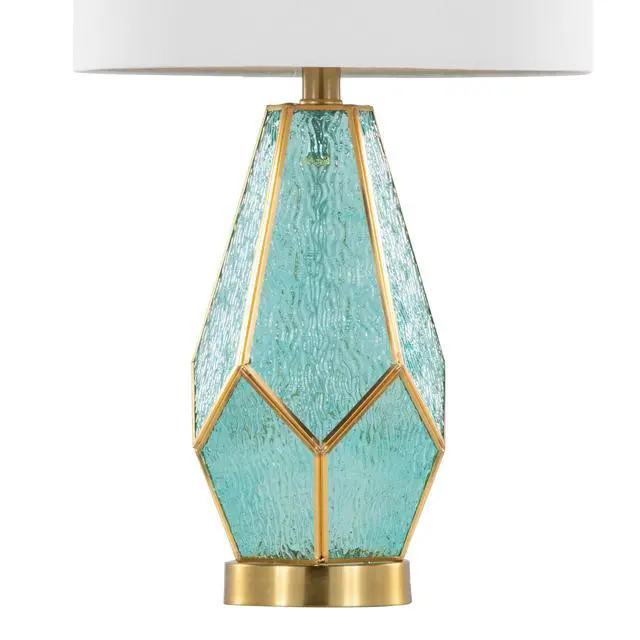 Alt view image 4 of 7 - Table Lamp in Gold Metal with Turquoise Glass and White Linen Shade - Set Of 2