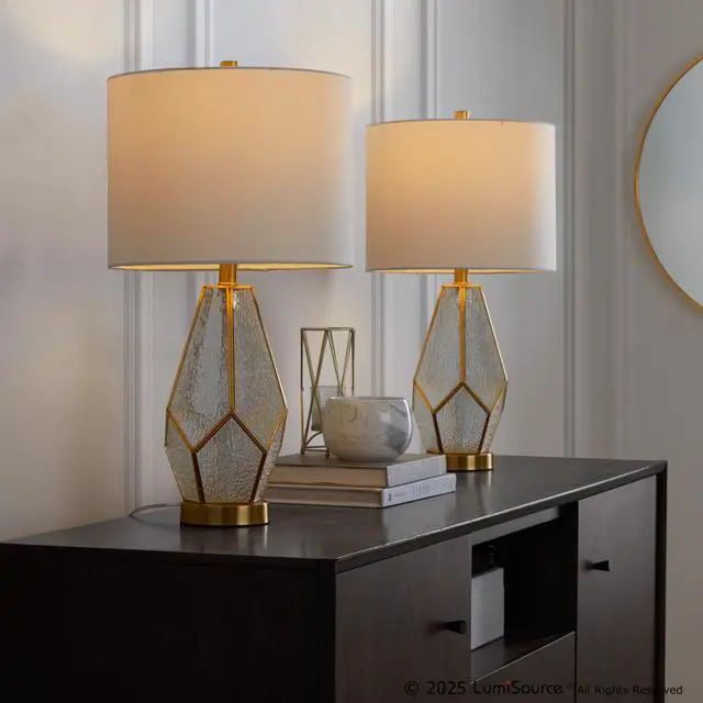 Alt view image 2 of 7 - Glass 25" Table Lamp in Gold Metal and White Glass with White Linen Shade - Set Of 2