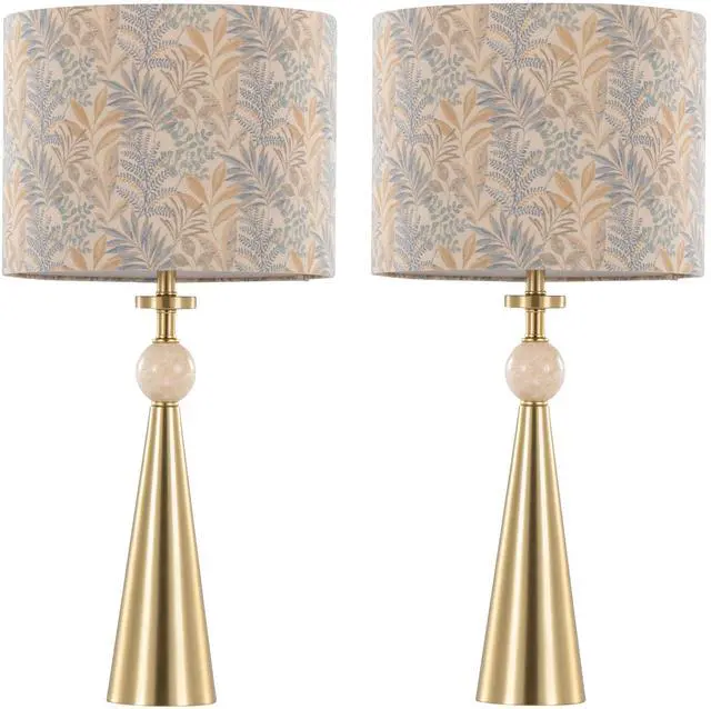 Main image of Table Lamp in Gold Metal Base with Travertine Stone and Tan Leaf Fabric Shade - Set Of 2