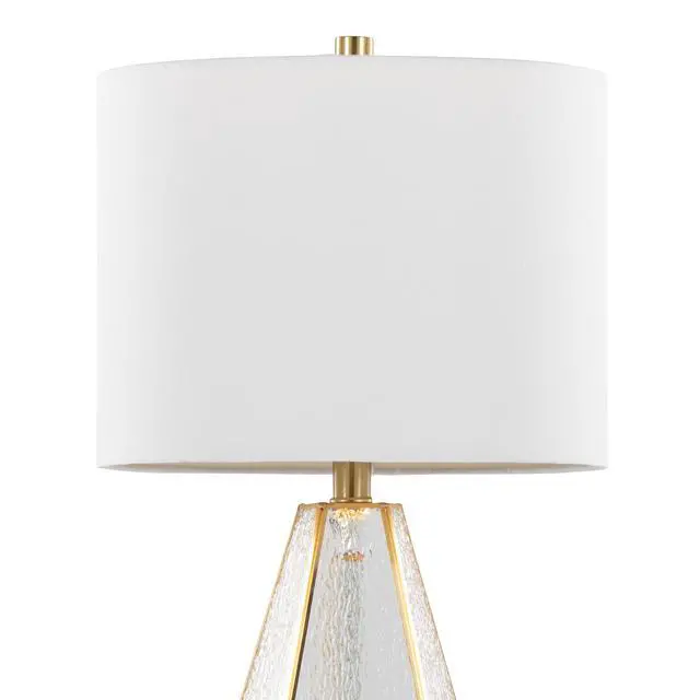 Alt view image 6 of 7 - Glass 25" Table Lamp in Gold Metal and White Glass with White Linen Shade - Set Of 2