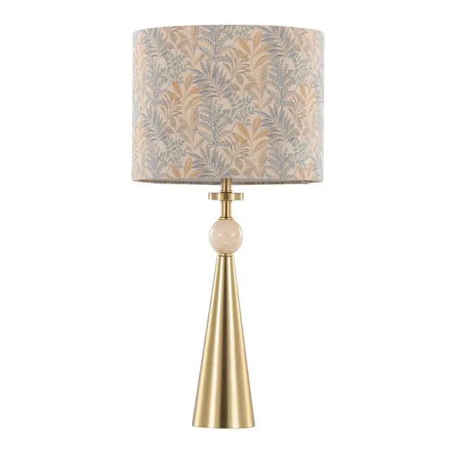 Alt view image 2 of 7 - Table Lamp in Gold Metal Base with Travertine Stone and Tan Leaf Fabric Shade - Set Of 2