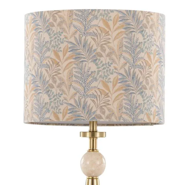Alt view image 5 of 7 - Table Lamp in Gold Metal Base with Travertine Stone and Tan Leaf Fabric Shade - Set Of 2