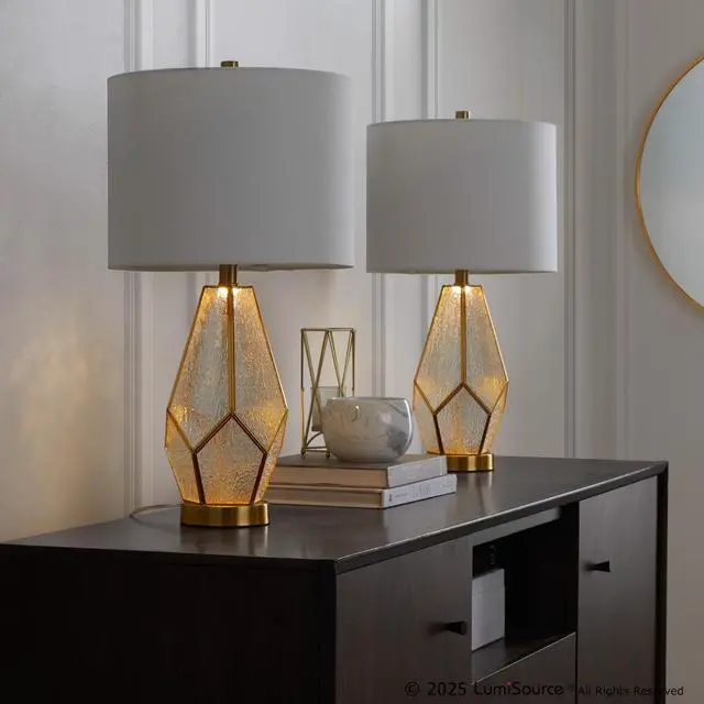 Alt view image 7 of 7 - Glass 25" Table Lamp in Gold Metal and White Glass with White Linen Shade - Set Of 2