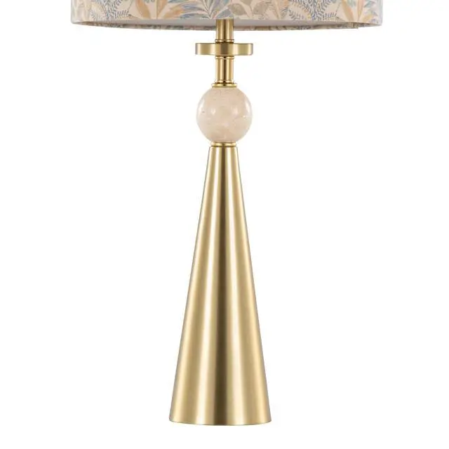 Alt view image 4 of 7 - Table Lamp in Gold Metal Base with Travertine Stone and Tan Leaf Fabric Shade - Set Of 2