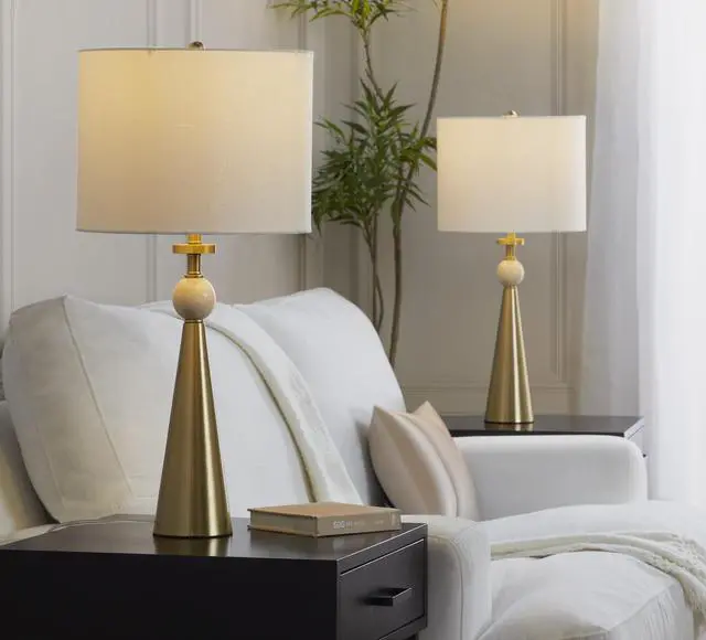 Main image of Table Lamp in Gold Metal Base with Travertine Stone and White Shimmer Shade - Set Of 2